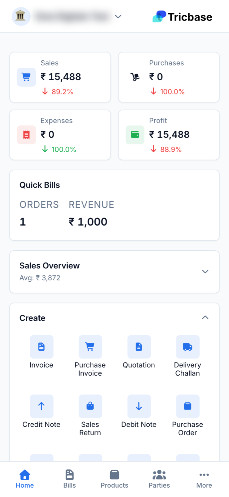 Tricbase mobile app dashboard